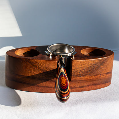 Wooden espresso tamping station with portafilter