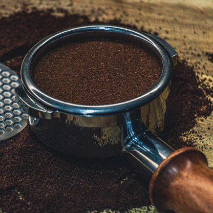 Tamped coffee on portafilter