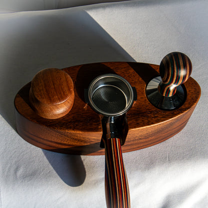 Wooden espresso tamping station with portafilter with distributor, tamper and portafilter