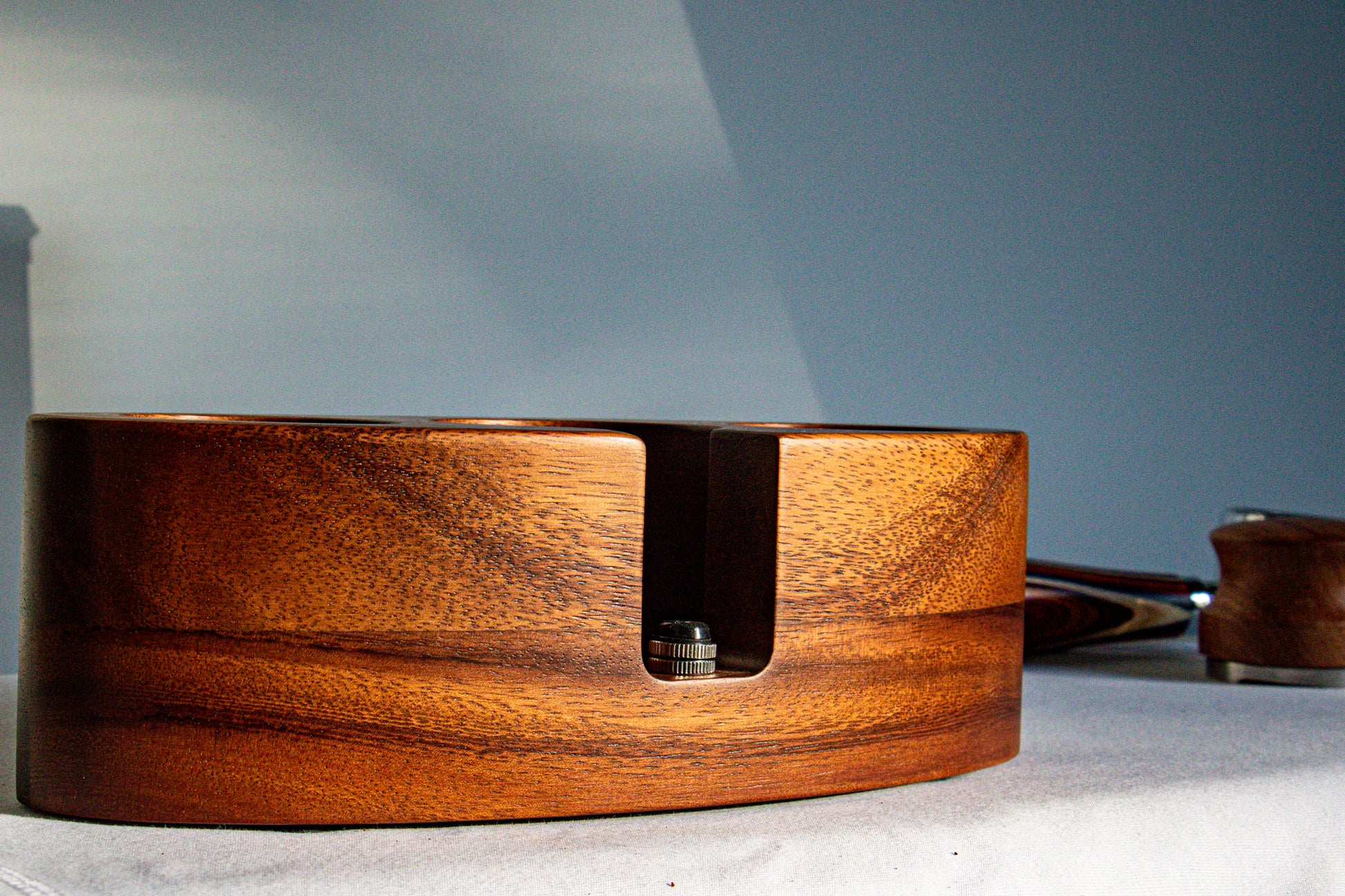 Wooden espresso tamping station side profile