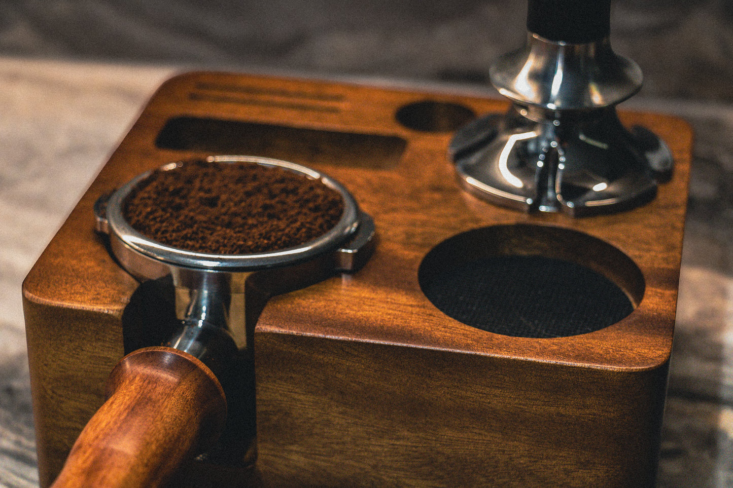 Wooden tamping station in home kitchen