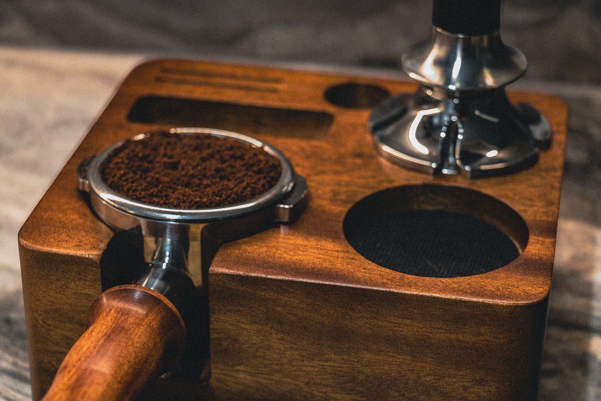 Wooden tamping station in home kitchen
